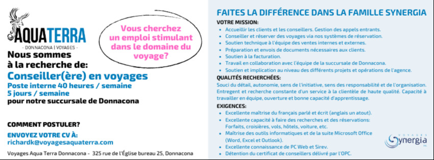 Affichage de poste - Voyages Aqua Terra / Voyages Synergia Affichage de poste - Voyages Aqua Terra / Voyages Synergia