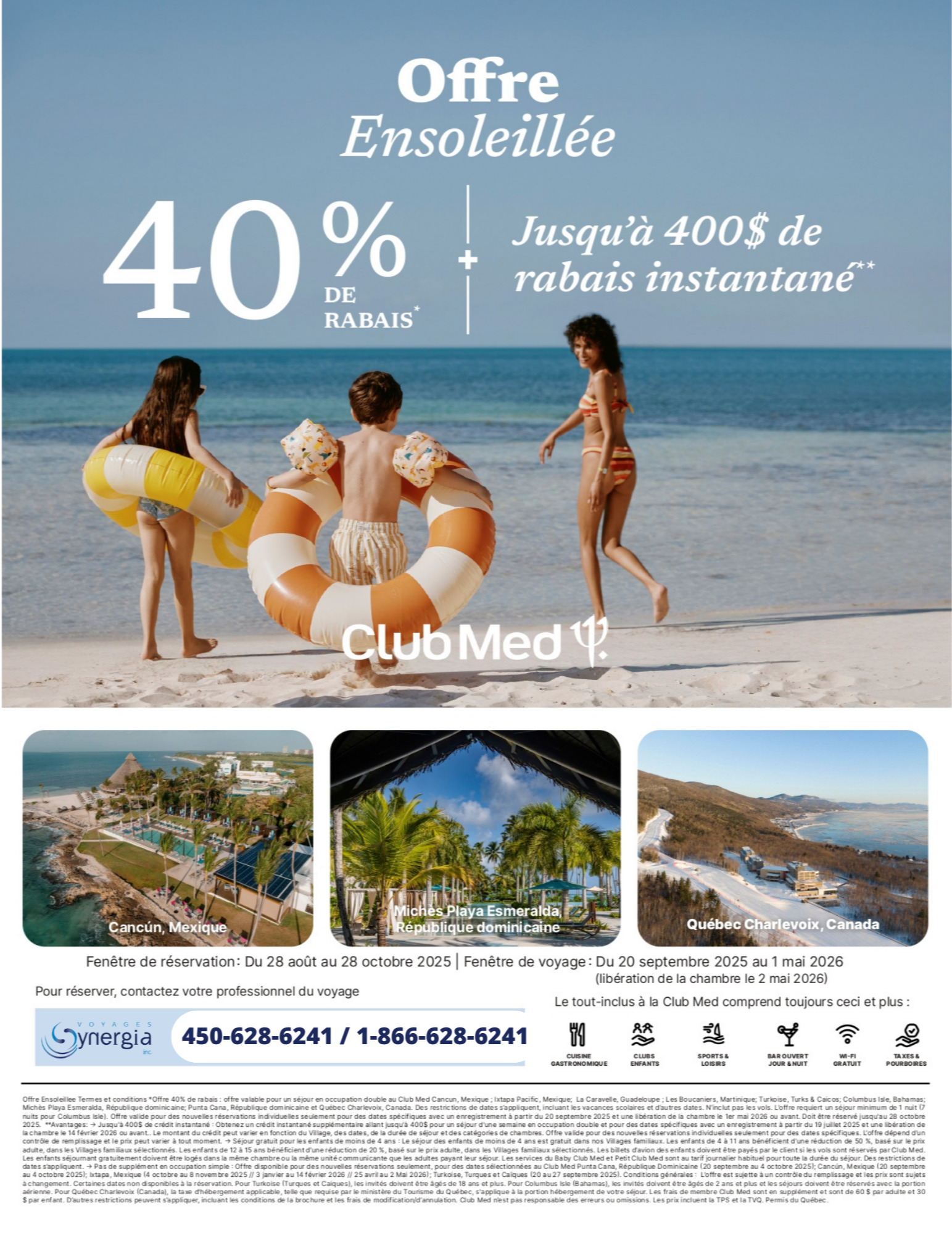 Promotions Club Med Offre Ensoleillée 40% de rabais + 400$ de rabais instantané avec Voyages Donnacona CLUB MED PROMOTION Flyer SECTION-1 FR