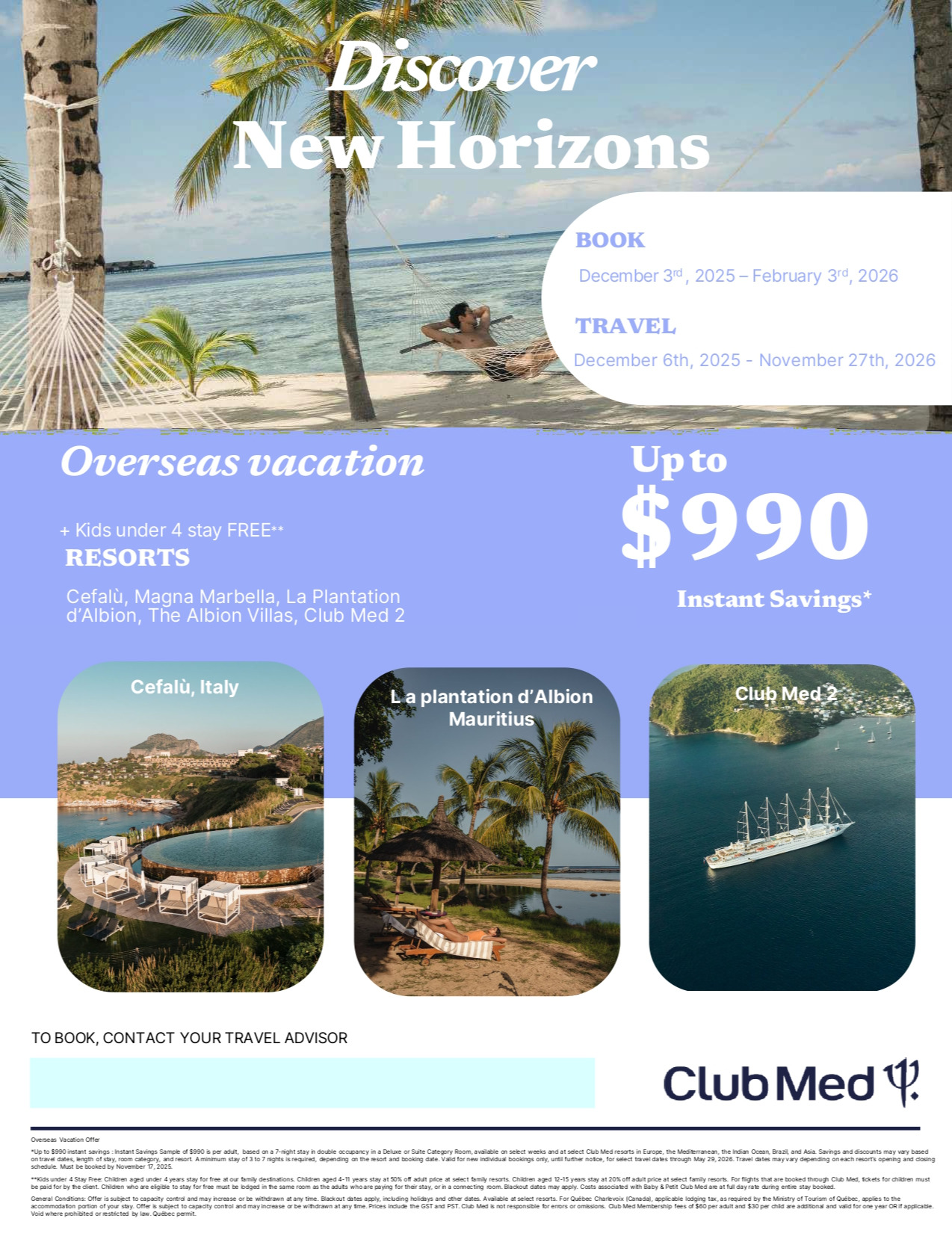 Club Med Promotions Overseas Vacation Up to 990$ Instant Savings off with Aqua Terra Travel Donnacona