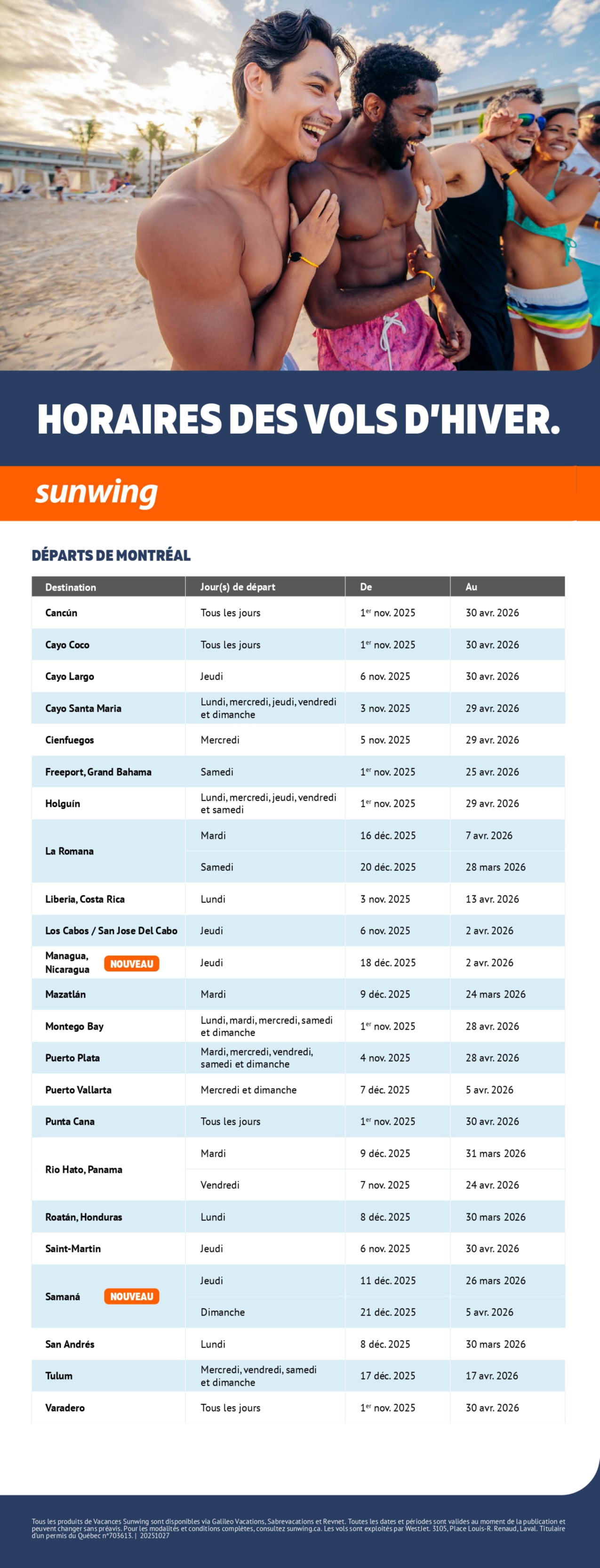 Horaires des vols d'hiver Vacances Sunwing avec Voyages Aqua Terra Donnacona SUNWING PROMOTION Flyer SECTION-10 Flyer FR