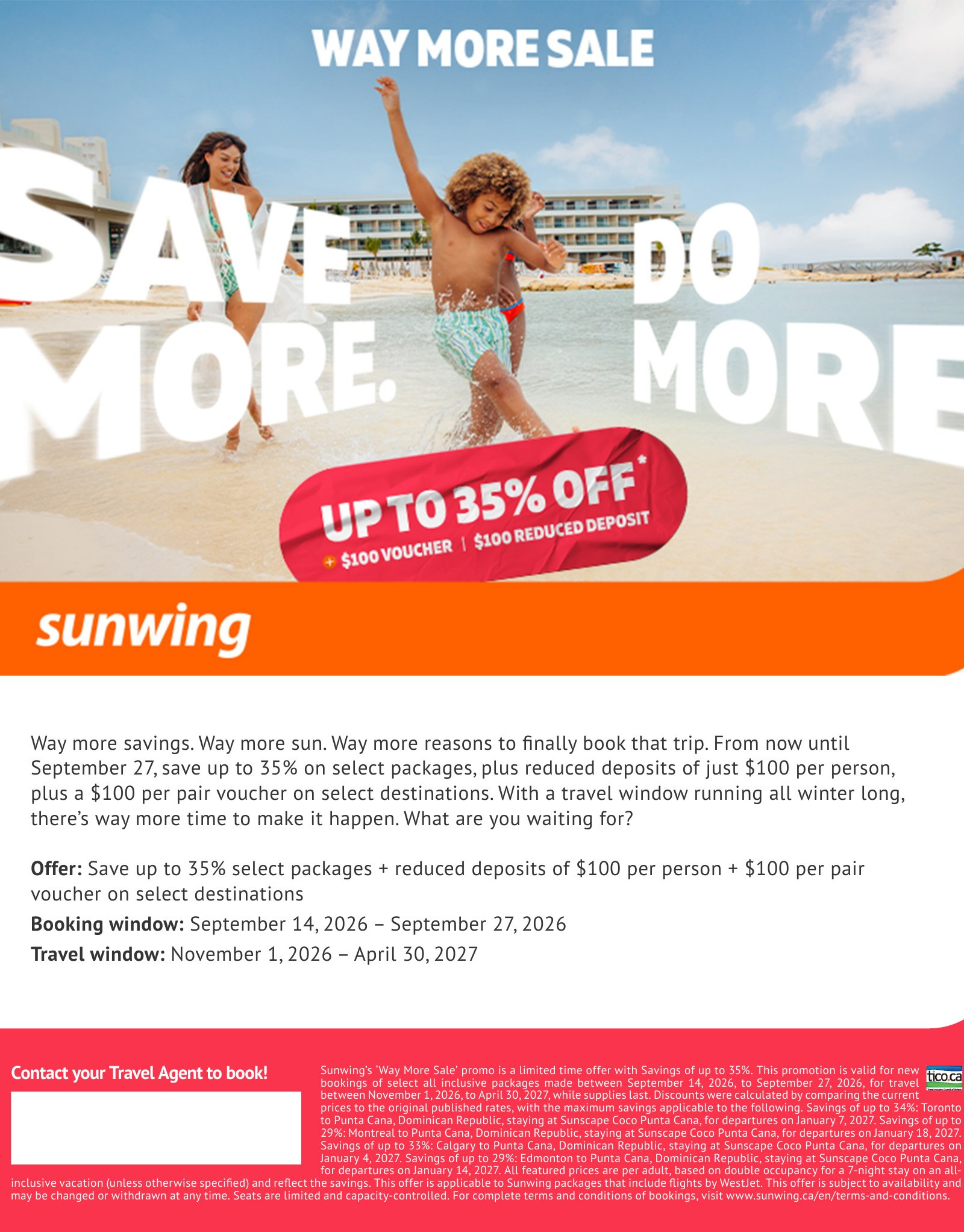 Sunwing Vacations Way More Sale: save up to 35% on select packages with a reduced deposit, book by September 27, 2026, with Voyages AquaTerra Donnacona