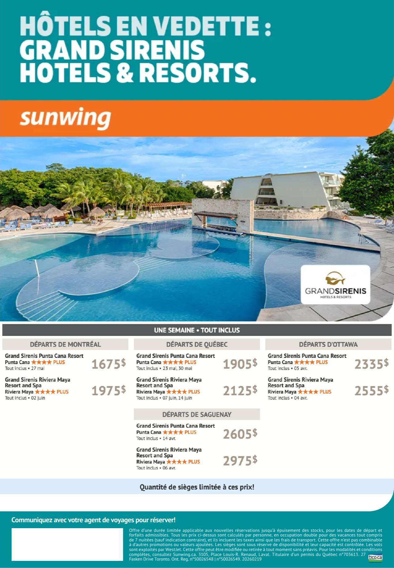 Promotion Vacances Sunwing Mardi Voyage avec Voyages Aqua Terra Donnacona