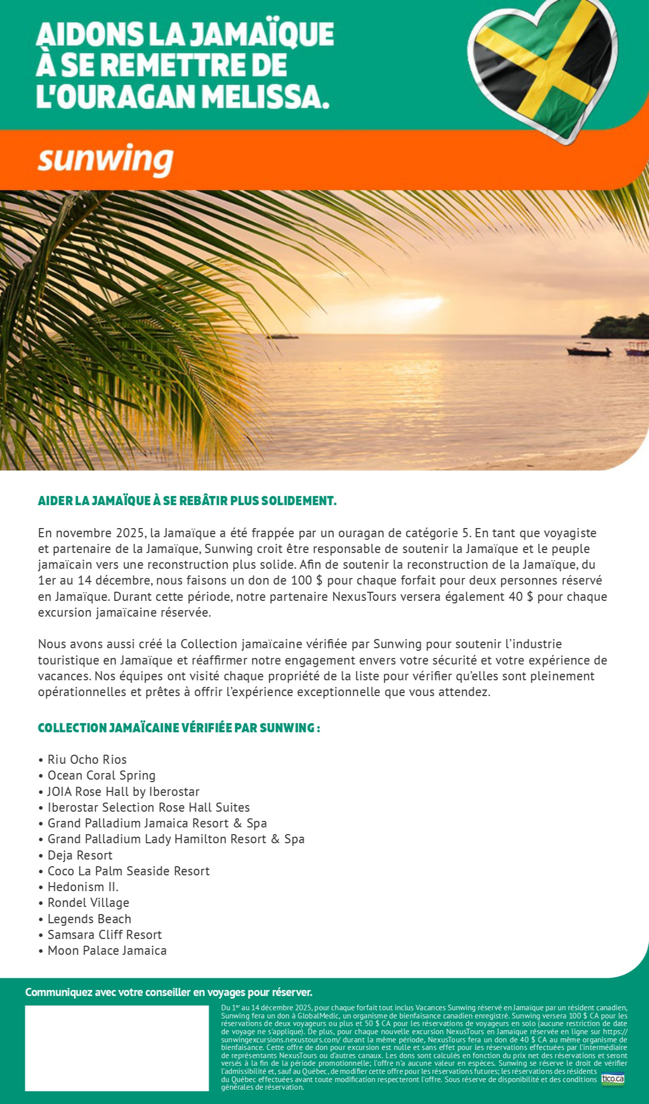 Promotion Vacances Sunwing Ouragan Mélissa Jamaique avec Voyages Aqua Terra Donnacona Promotion Vacances Sunwing Ouragan Mélissa Jamaique avec Voyages Aqua Terra Donnacona